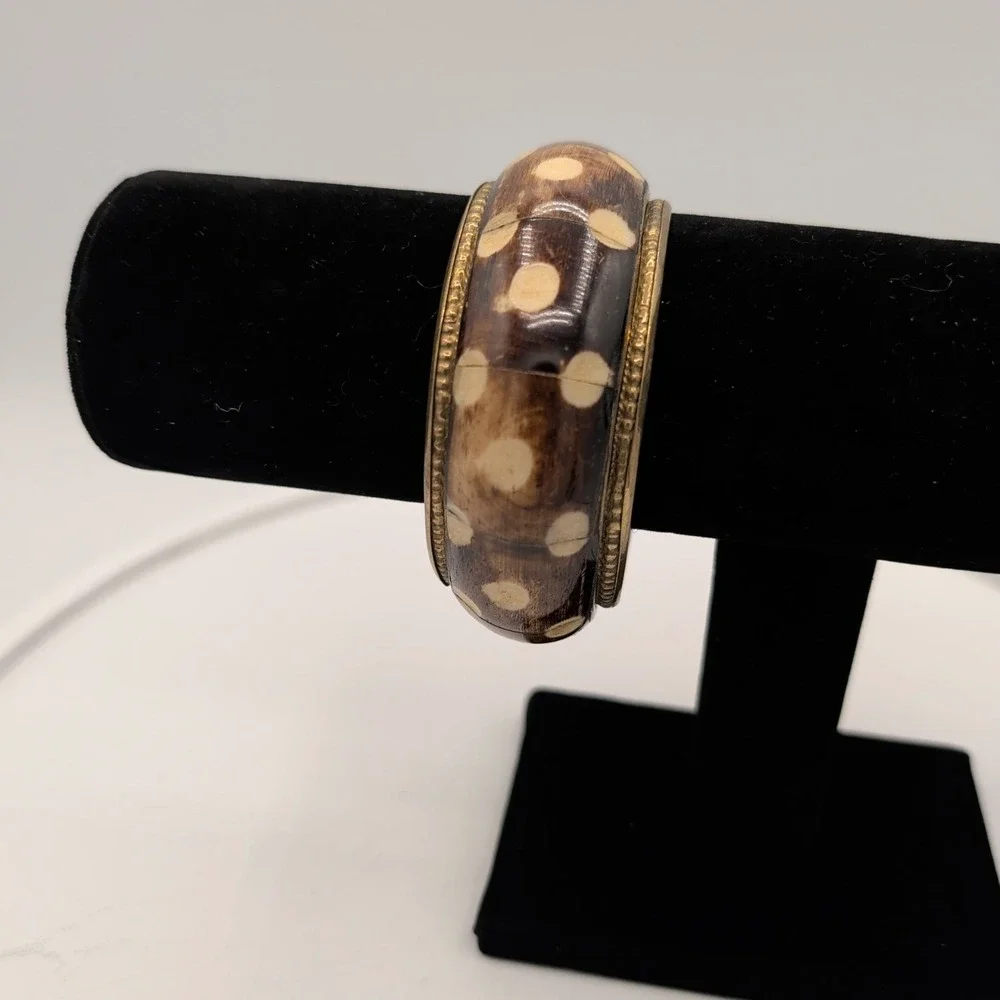 Vintage Brass Bangle‎ Bracelet Inlaid Batik Bone Polka Dot Boho Ethnic 7.5